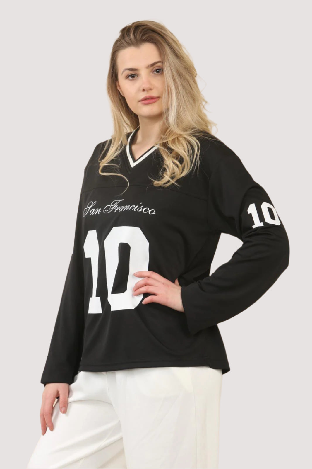 Oversized Long Sleeve Sports Football Jersey V-neck T-shirt