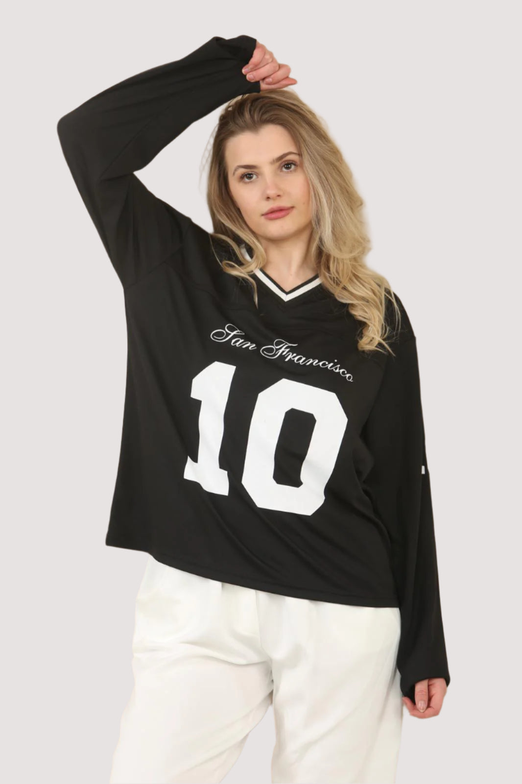 Oversized Long Sleeve Sports Football Jersey V-neck T-shirt