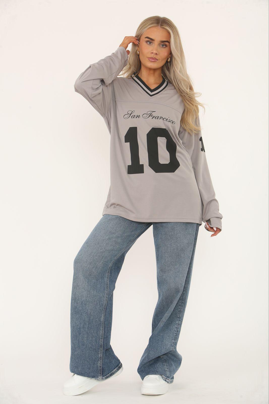 Oversized Long Sleeve Sports Football Jersey V-neck T-shirt