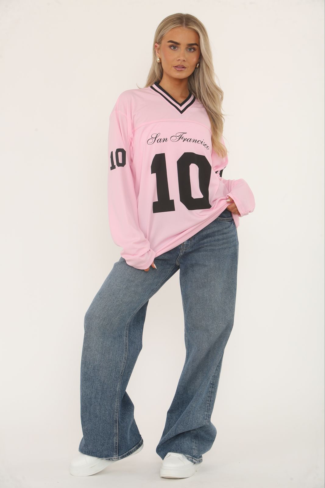 Oversized Long Sleeve Sports Football Jersey V-neck T-shirt