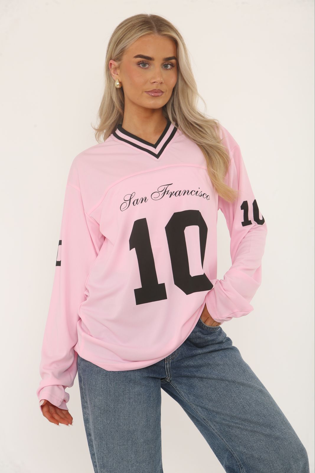 Oversized Long Sleeve Sports Football Jersey V-neck T-shirt