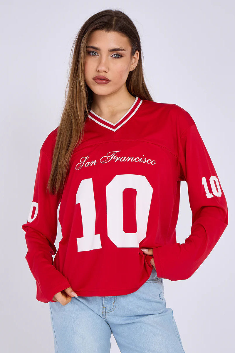 Oversized Long Sleeve Sports Football Jersey V-neck T-shirt