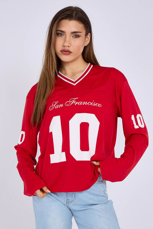 Oversized Long Sleeve Sports Football Jersey V-neck T-shirt