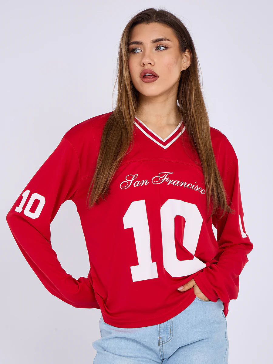 Oversized Long Sleeve Sports Football Jersey V-neck T-shirt