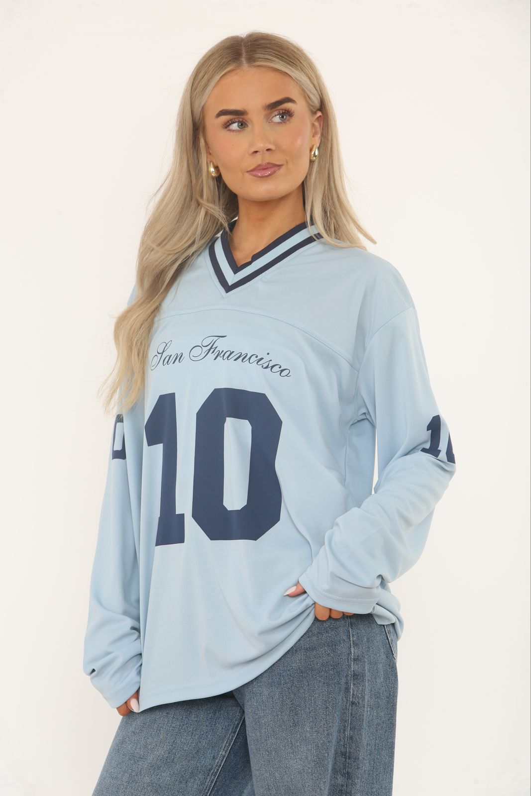 Oversized Long Sleeve Sports Football Jersey V-neck T-shirt