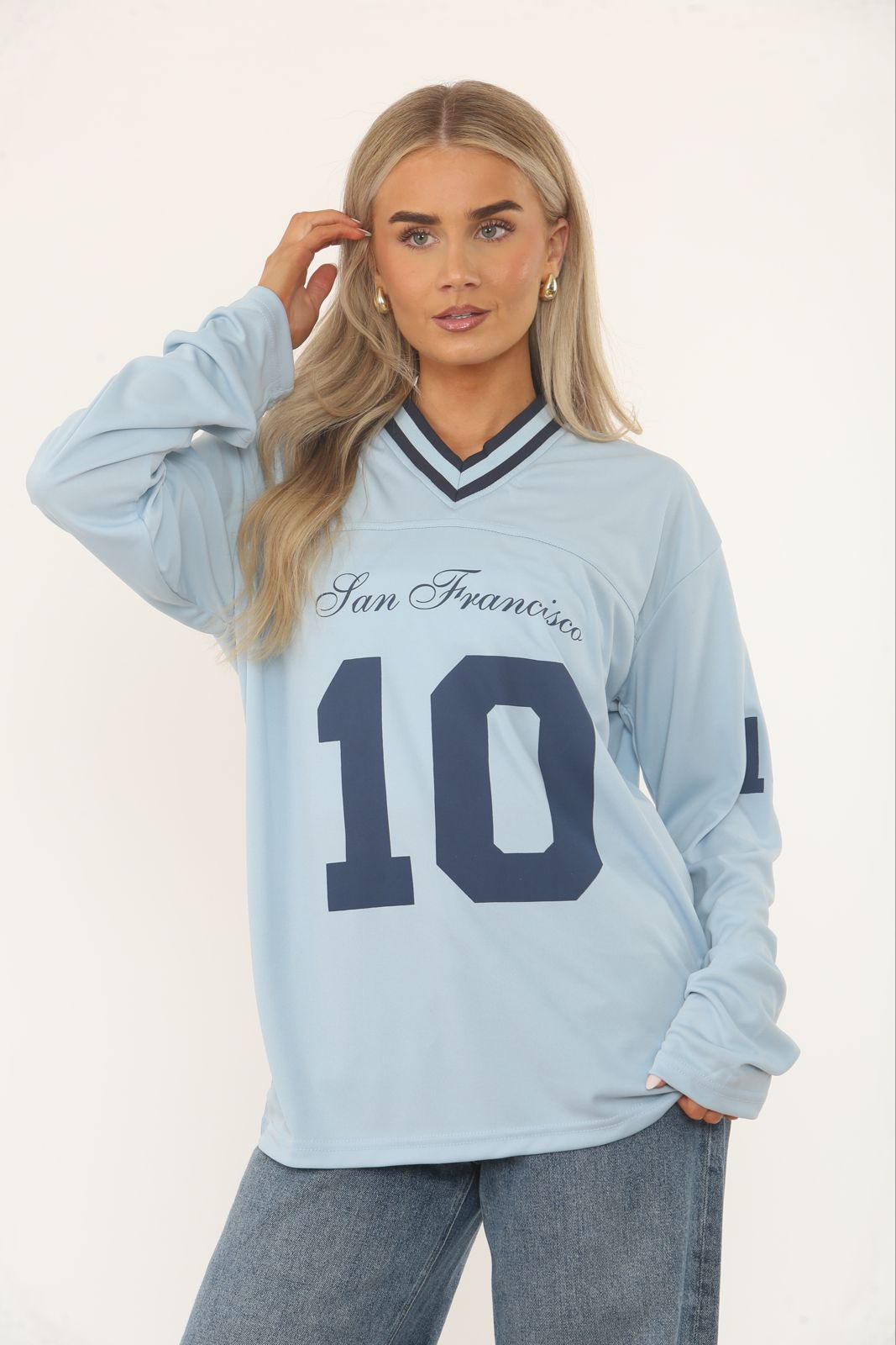 Oversized Long Sleeve Sports Football Jersey V-neck T-shirt