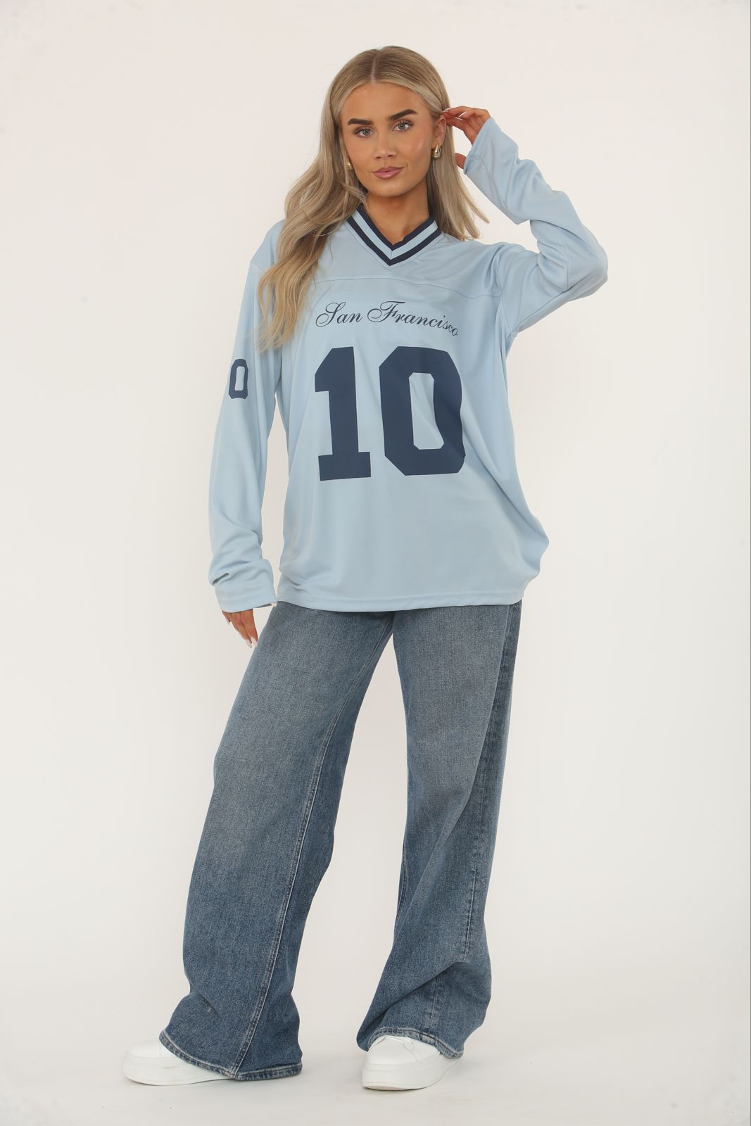 Oversized Long Sleeve Sports Football Jersey V-neck T-shirt