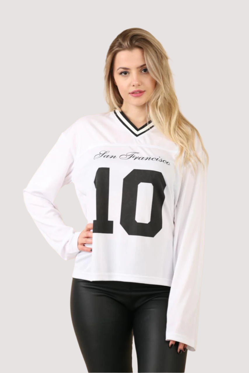 Oversized Long Sleeve Sports Football Jersey V-neck T-shirt