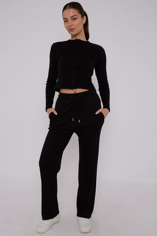 Ribbed Front Button Detail Cardigan Top & Wide Leg Trouser Set
