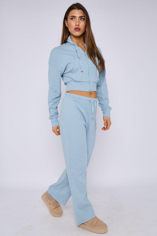 Soft Ribbed Full Zip Hoodie & Wide Leg Trouser Tracksuit
