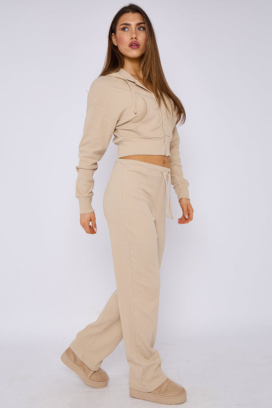 Soft Ribbed Full Zip Hoodie & Wide Leg Trouser Tracksuit