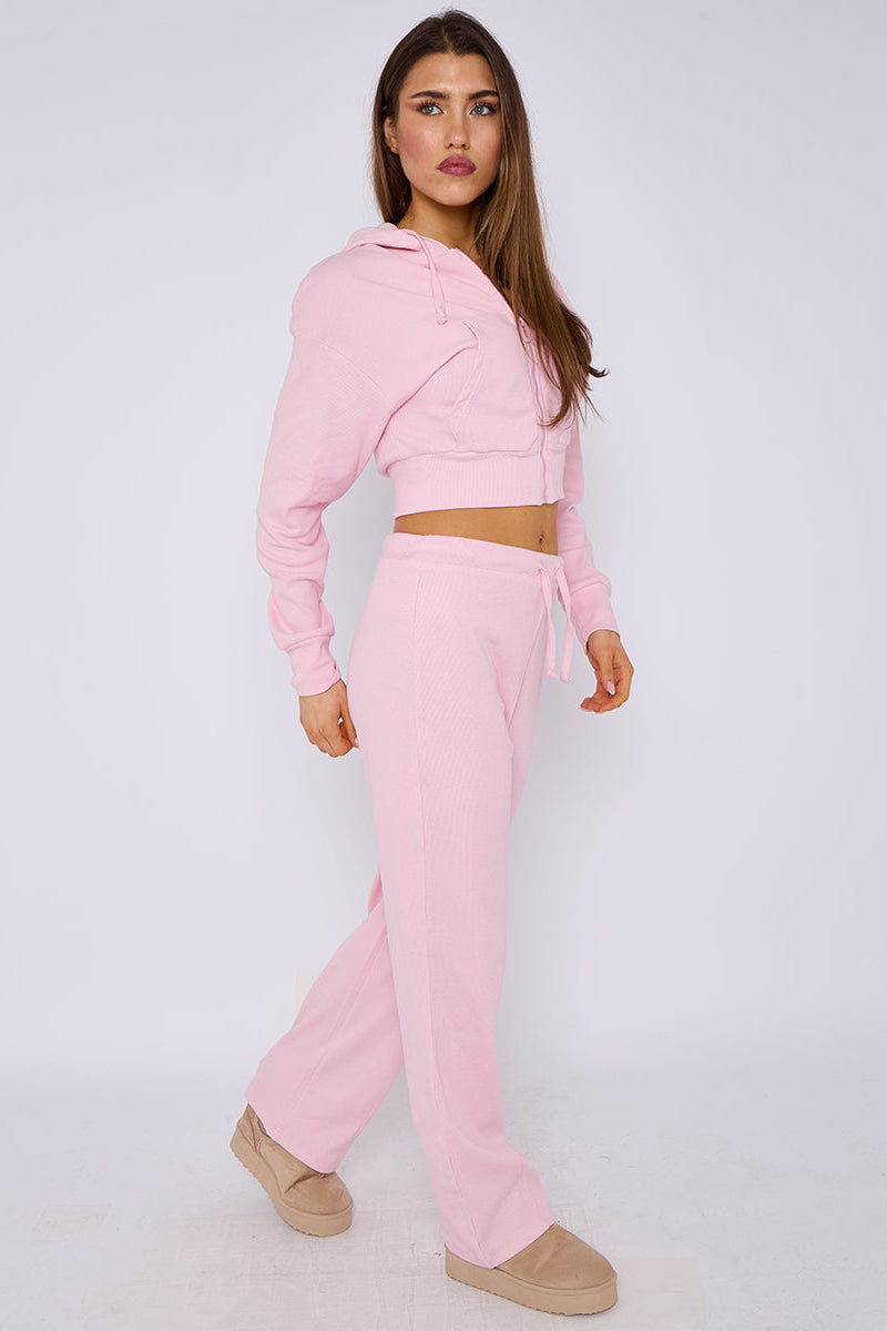 Soft Ribbed Full Zip Hoodie & Wide Leg Trouser Tracksuit