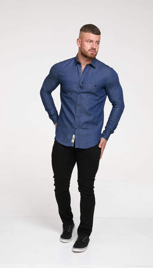 D555 Button Down Denim Shirt with Chest Pocket Plus Size