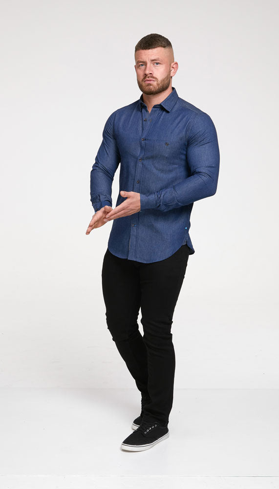 D555 Button Down Denim Shirt with Chest Pocket Plus Size