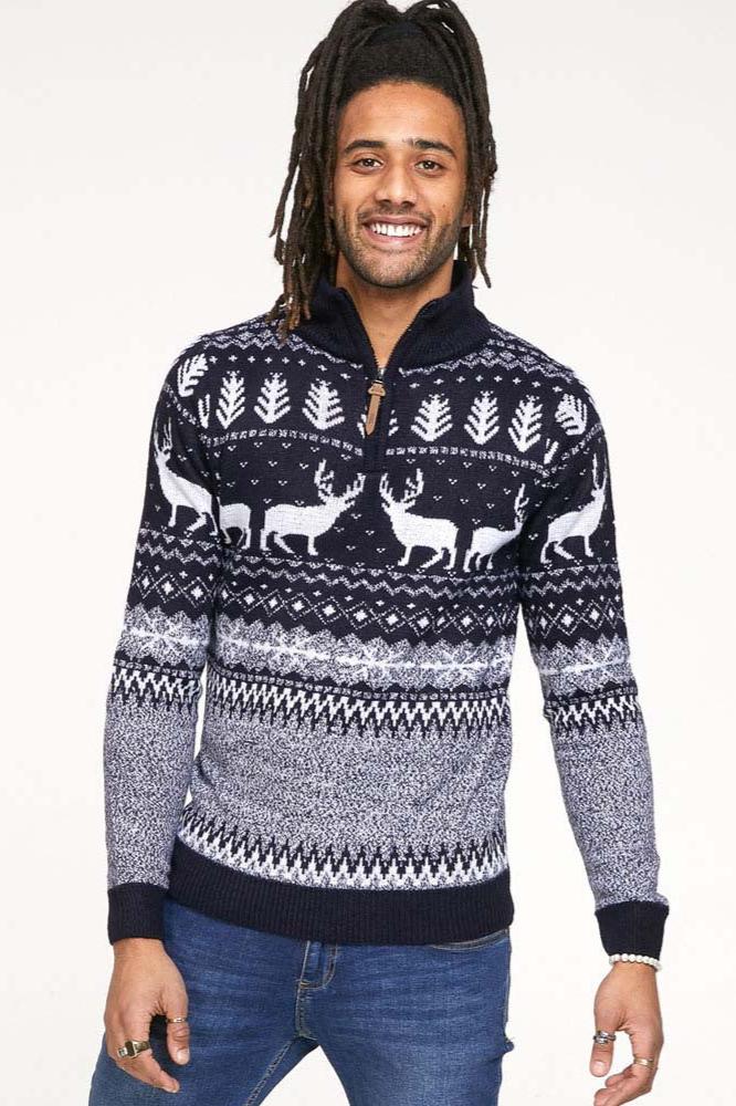 Duke D555 1/4 Zip Reindeer All-Over Print Knit Christmas Sweater