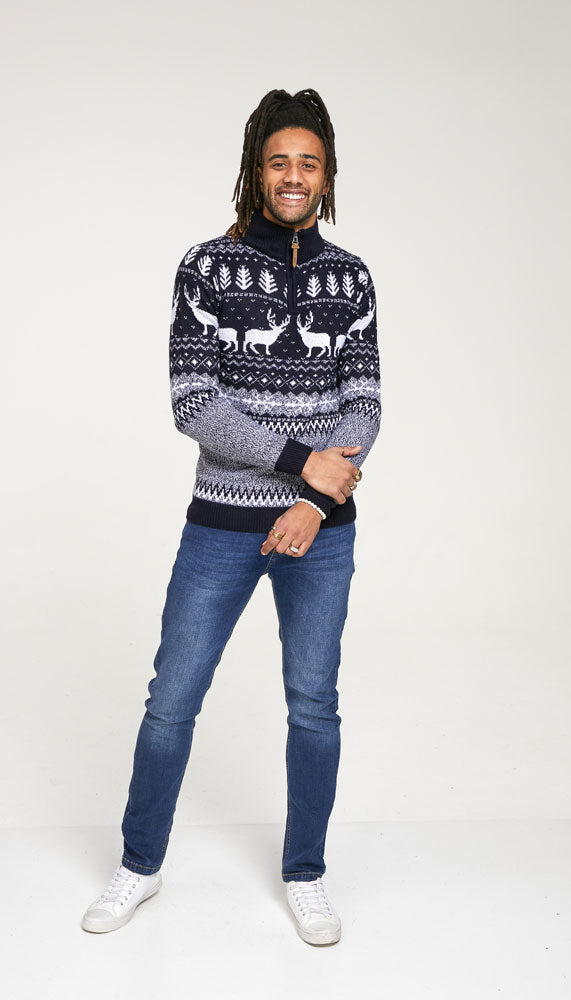 Duke D555 1/4 Zip Reindeer All-Over Print Knit Christmas Sweater