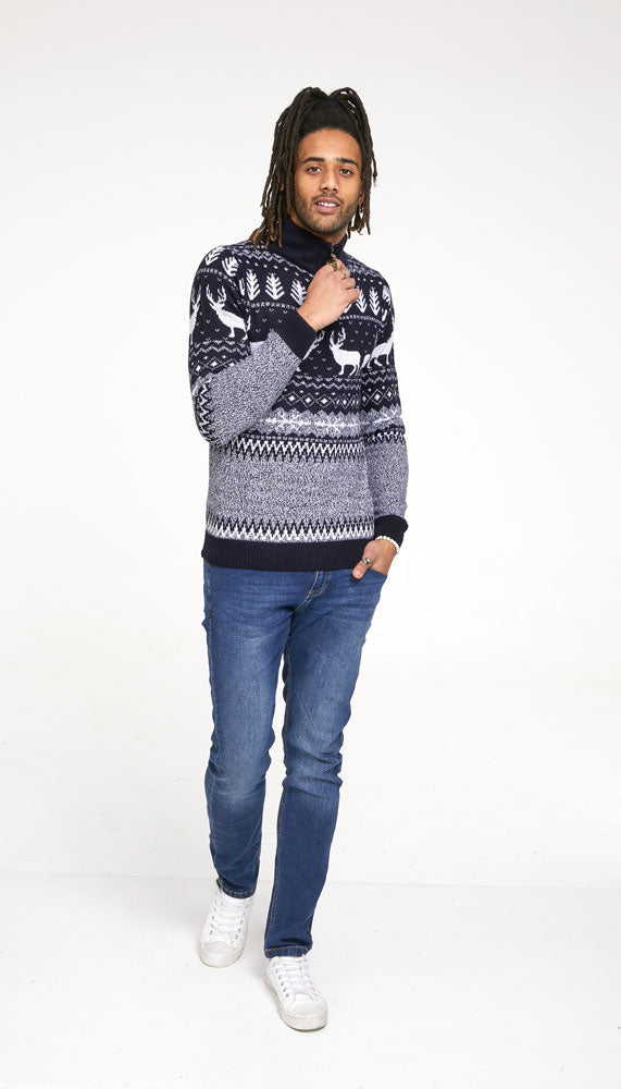 Duke D555 1/4 Zip Reindeer All-Over Print Knit Christmas Sweater