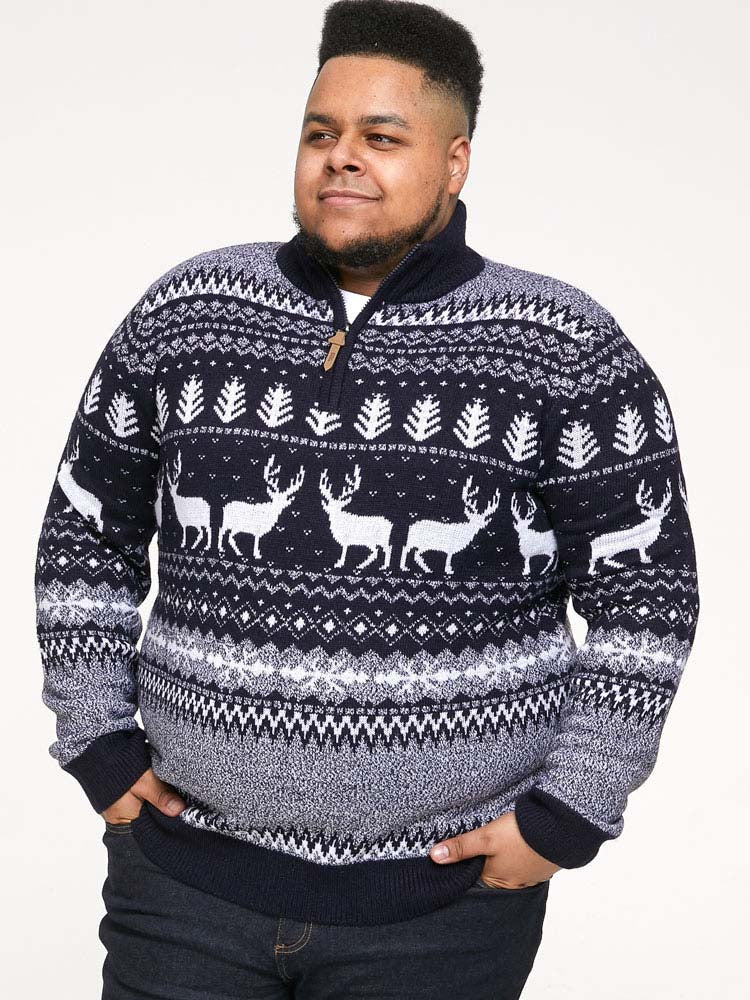Duke D555 1/4 Zip Reindeer All-Over Print Knit Christmas Sweater