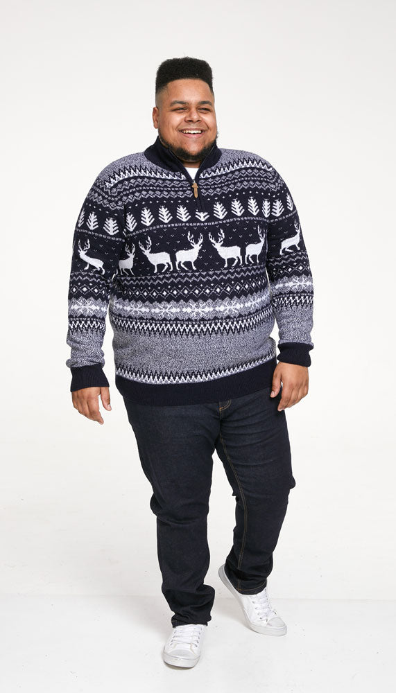 Duke D555 1/4 Zip Reindeer All-Over Print Knit Christmas Sweater