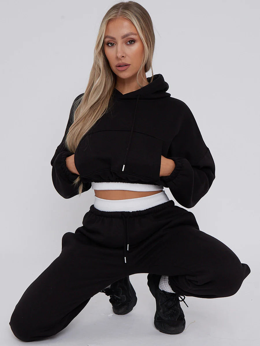 Cropped Hoodie and Joggers Tracksuit with Ribbed Hem