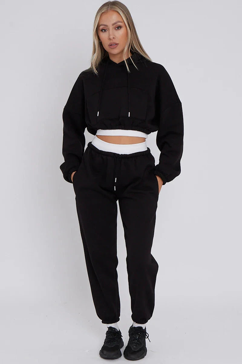 Cropped Hoodie and Joggers Tracksuit with Ribbed Hem