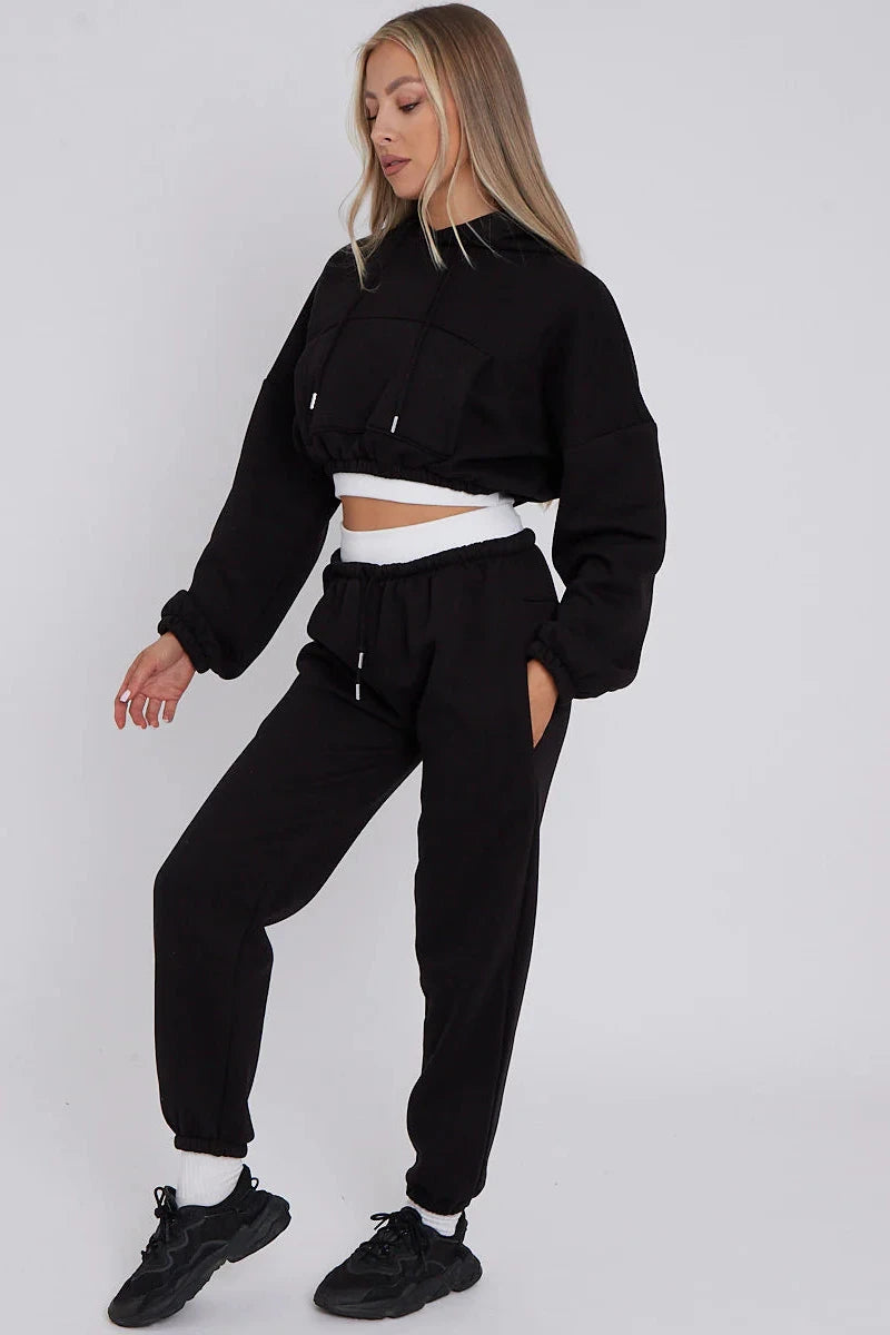 Cropped Hoodie and Joggers Tracksuit with Ribbed Hem