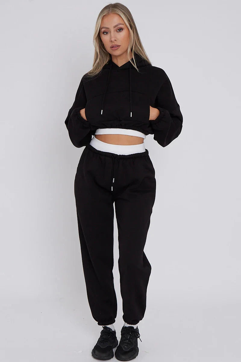 Cropped Hoodie and Joggers Tracksuit with Ribbed Hem
