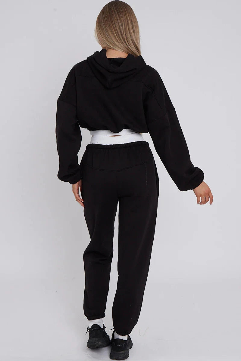 Cropped Hoodie and Joggers Tracksuit with Ribbed Hem