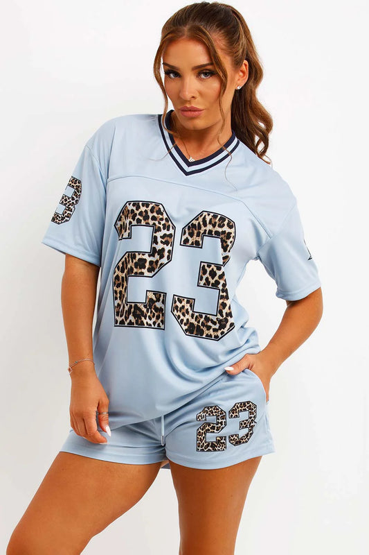 Oversized Football Jersey T-shirt Top & Shorts Set - Leopard Print 23