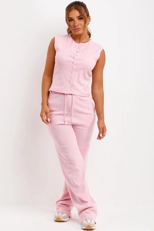 Sleeveless Ribbed Button Up Top And Wide Leg Trousers Set