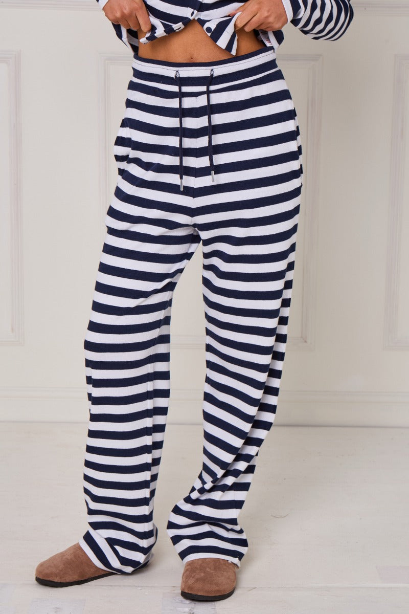 Striped Ribbed Button Up Top & Wide Leg Trouser Co-ord Set