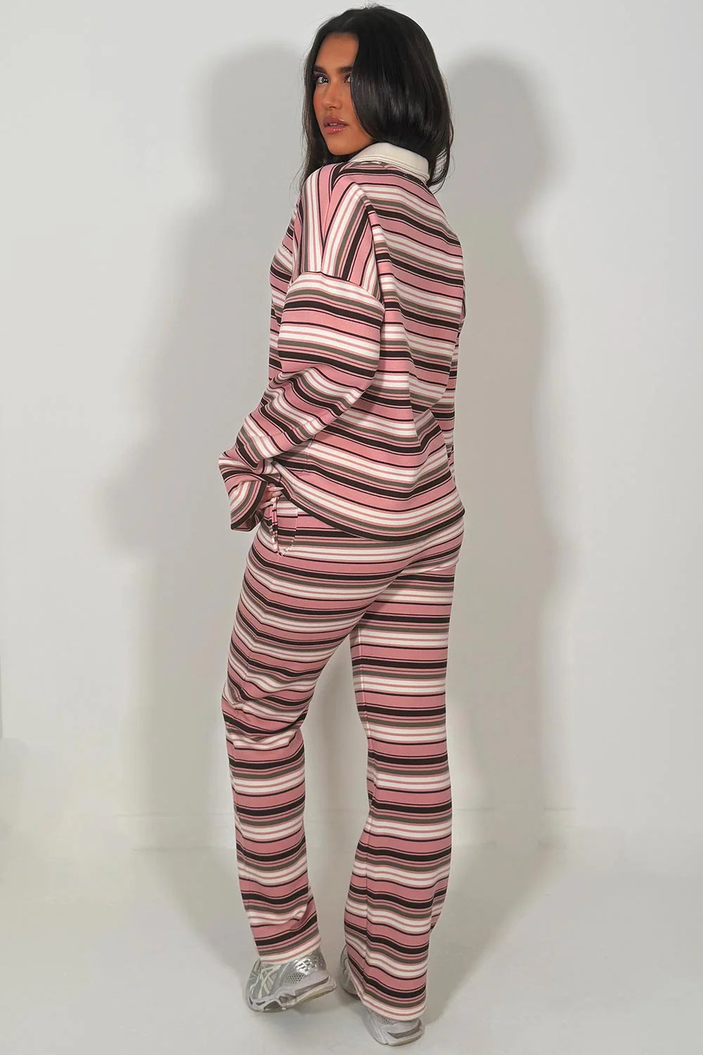 Rugby Collar Stripe Oversized Sweatshirt & Trouser Set