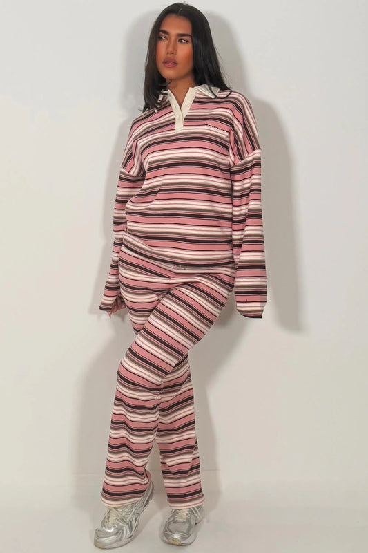 Rugby Collar Stripe Oversized Sweatshirt & Trouser Set
