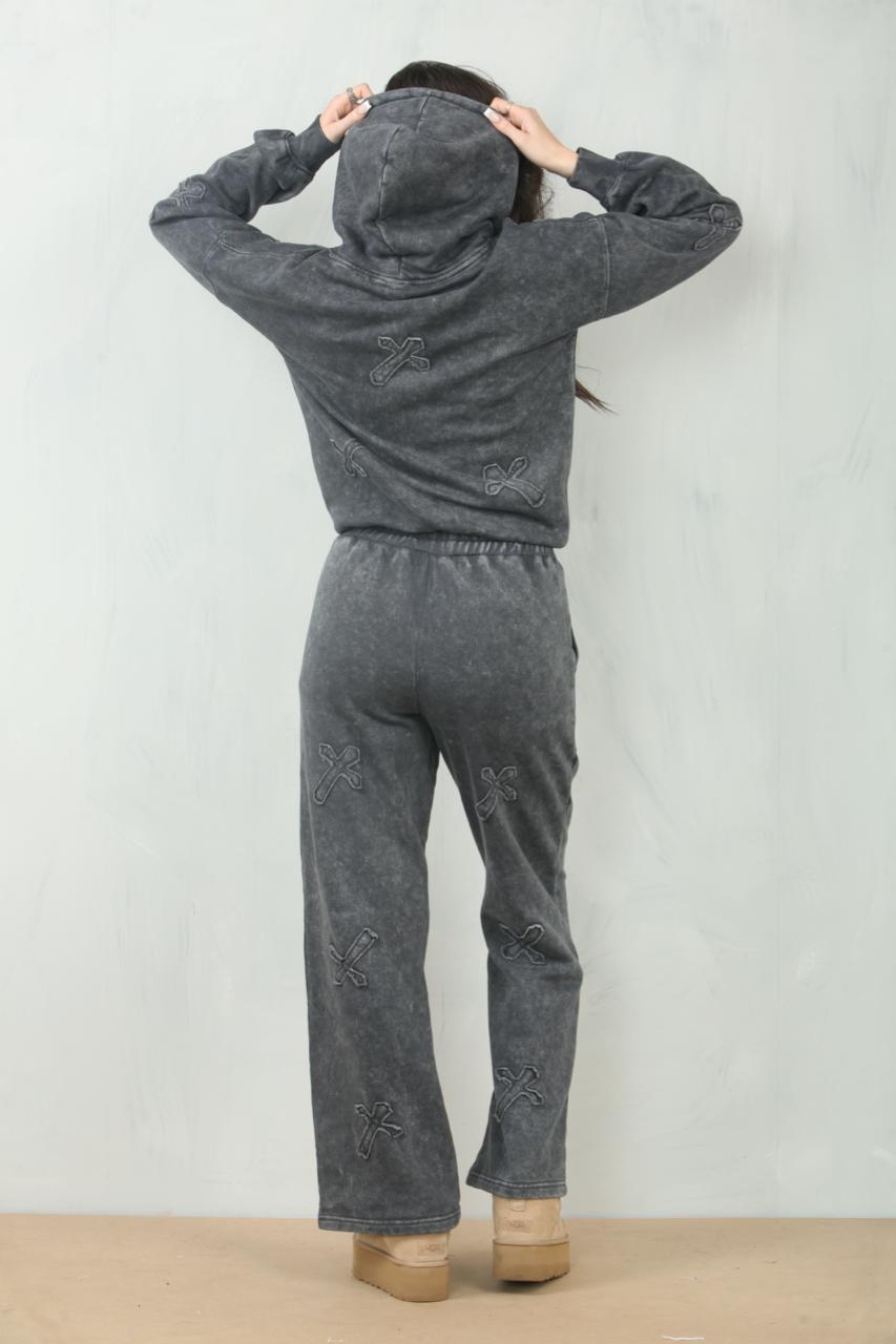 Acid Wash Oversized Hoodie & Wide Leg Joggers Tracksuit with Cross Detail
