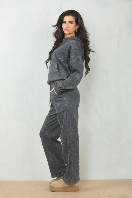 Acid Wash Oversized Hoodie & Wide Leg Joggers Tracksuit with Cross Detail