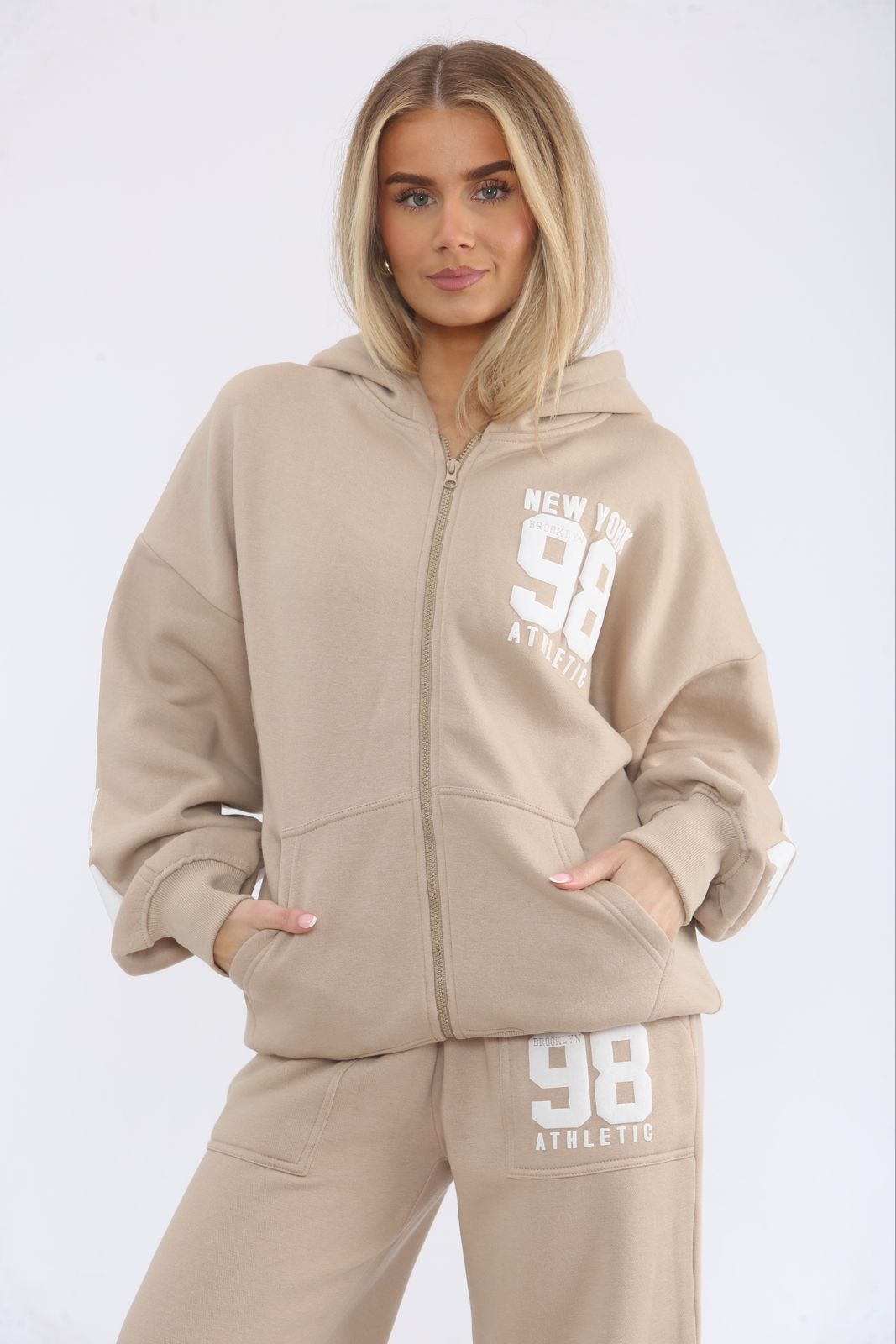 Oversized New York 98 Athletic Zip Up Hoodie & Wide Leg Joggers Tracksuit