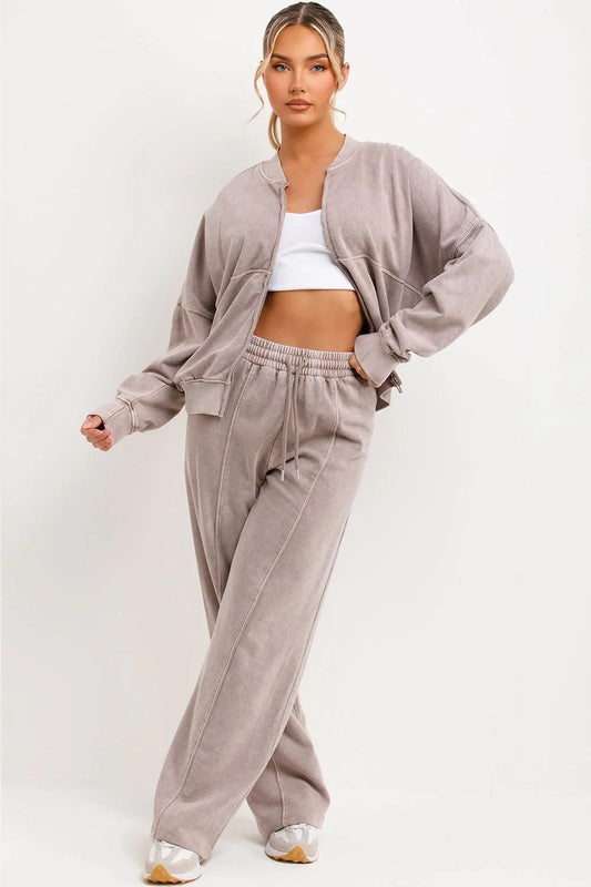 Acid Wash Full Zip Sweatshirt and Straight Leg Joggers Tracksuit Set