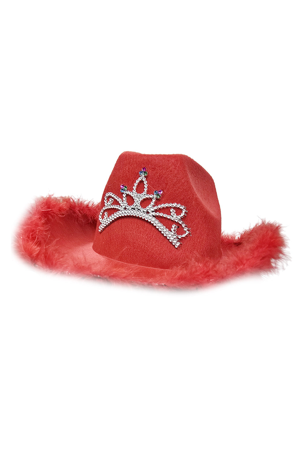 Cowboy Hat with Fluff Trim and Crown Gem Detail