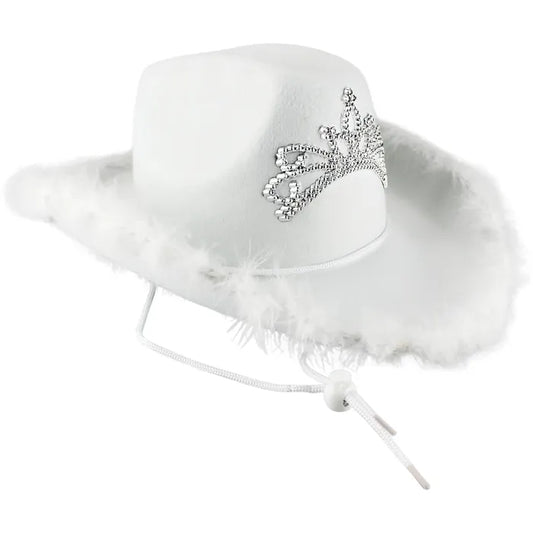 Cowboy Hat with Fluff Trim and Crown Gem Detail