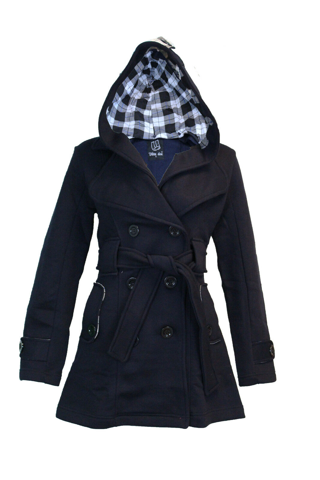 Ladies Black Hooded Fleece Trench Coat.