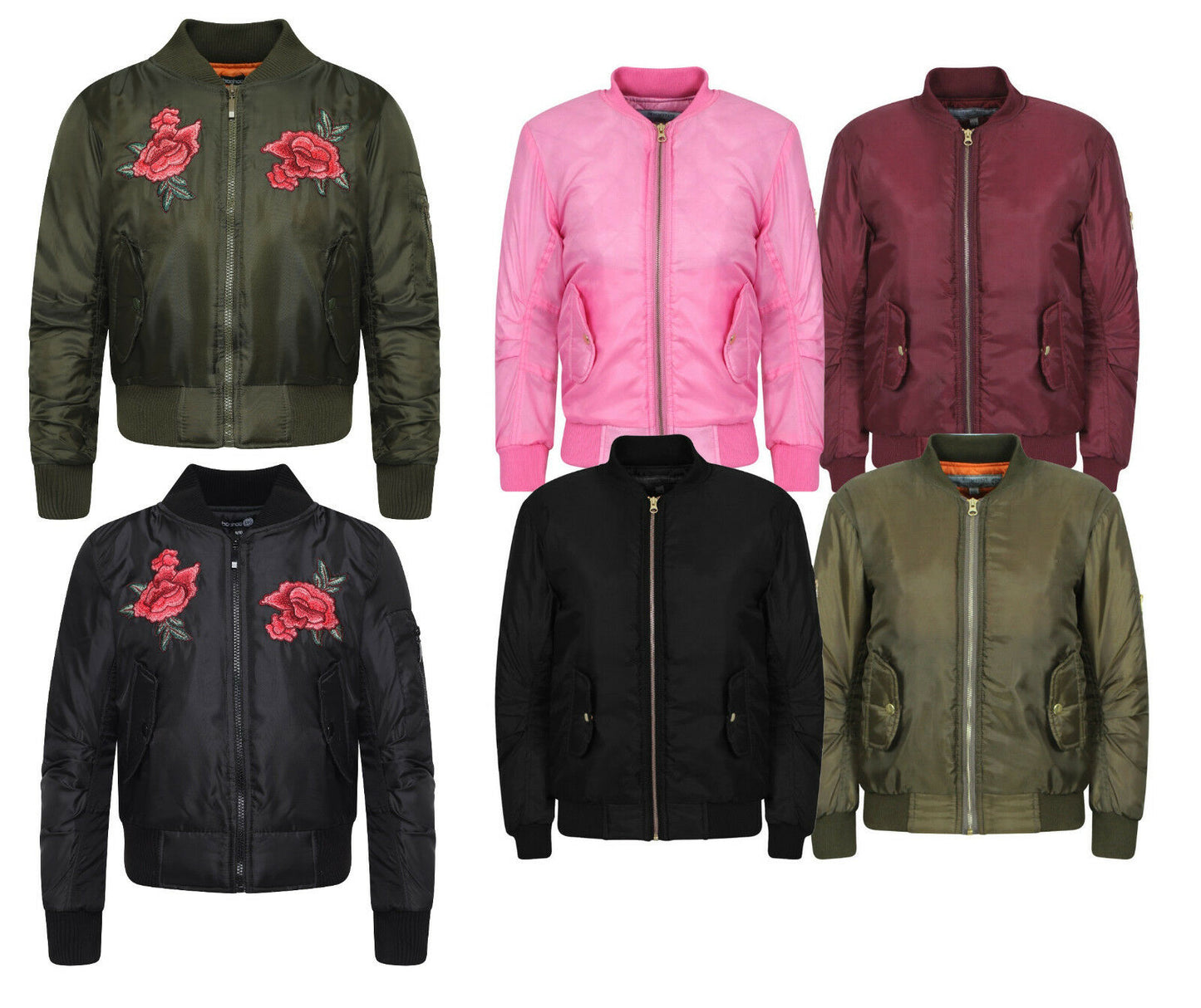 Children's Plain And Flower Bomber Jackets. Perfect Addition To Any Outfit. Start At Age 5 To 16. Multiple Colours And Designs Available. Long Sleeve And Slightly Padded. There Is A Zip Fastening Up To The Collar. The Collar Is A Ribbed Design.100% Polyester
