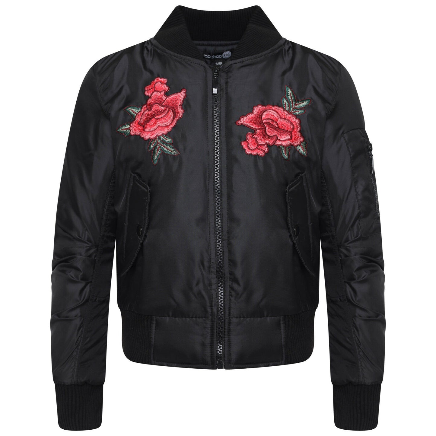 Children's Black & Flower Bomber Jacket.It Has An Elasticated Ribbed Collar, Waistband & Cuffs. Has 2 Front Pockets And Pocket On The Sleeve . Ages 5-16 Available.