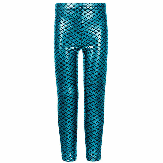 Girls Metallic Mermaid & Star Foil Leggings – Shiny Stretch Dance & Party Pants (Ages 3–13)