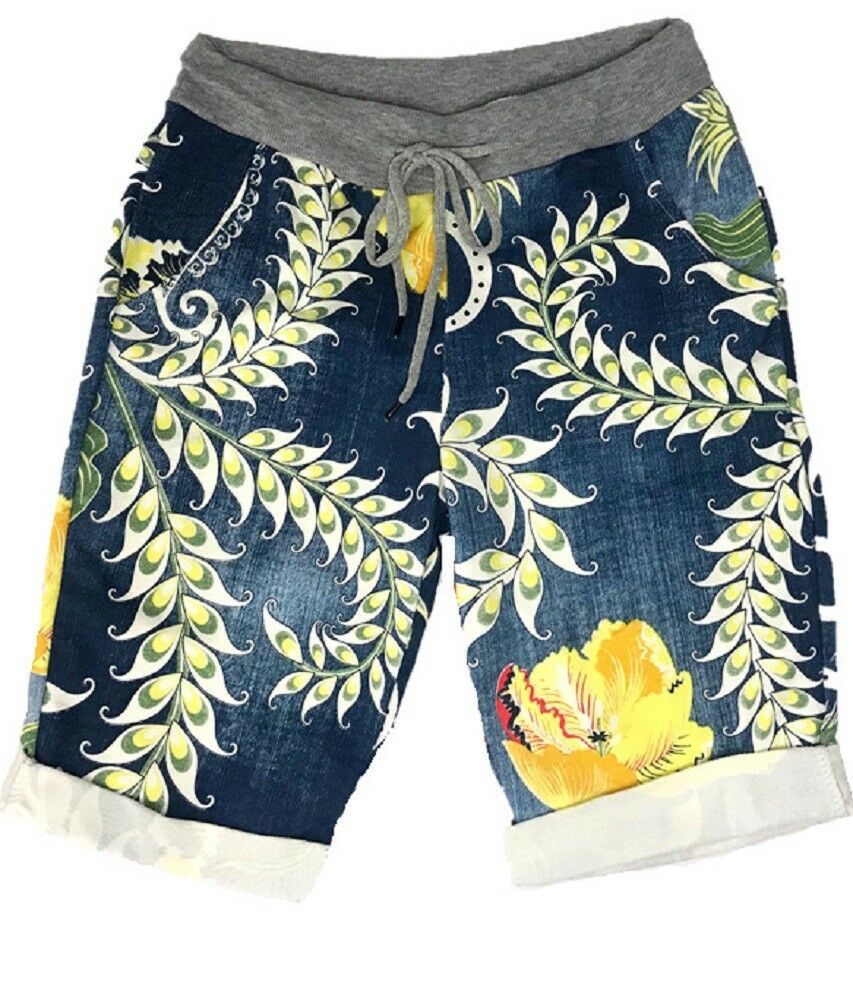 Ladies Denim Blue & Yellow Floral Shorts.