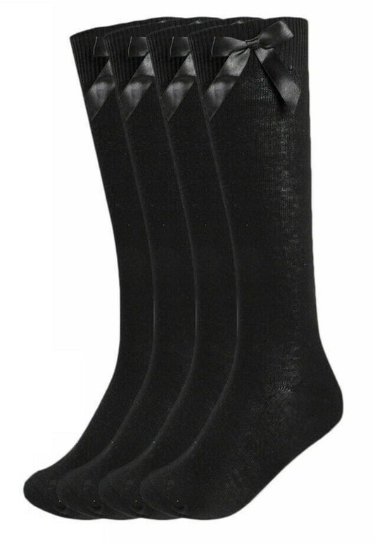 Girls Black Knee High Socks With Bow.