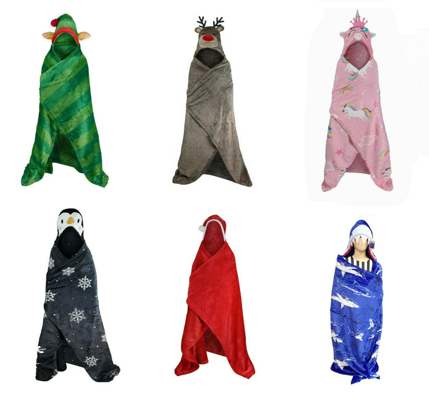 Children's Novelty Hooded Fleece Blanket, These Are Super Soft And Perfect For The Festive Season Or As A Gift, Elf, Santa, Rudolph, Unicorn, Penguin, Shark Designs, They Measure 110cm x140cm 100% Polyester (Excludes Trimming)