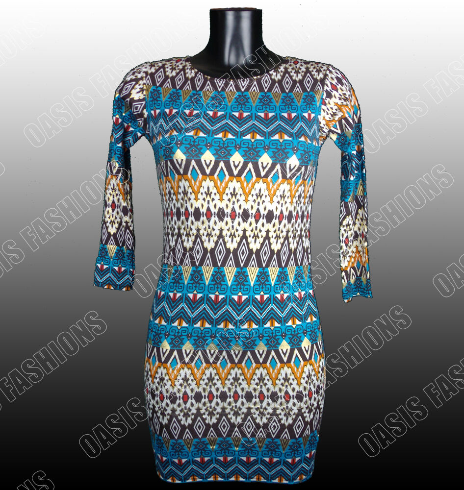 Blue Midi Bodycon Aztec Dress