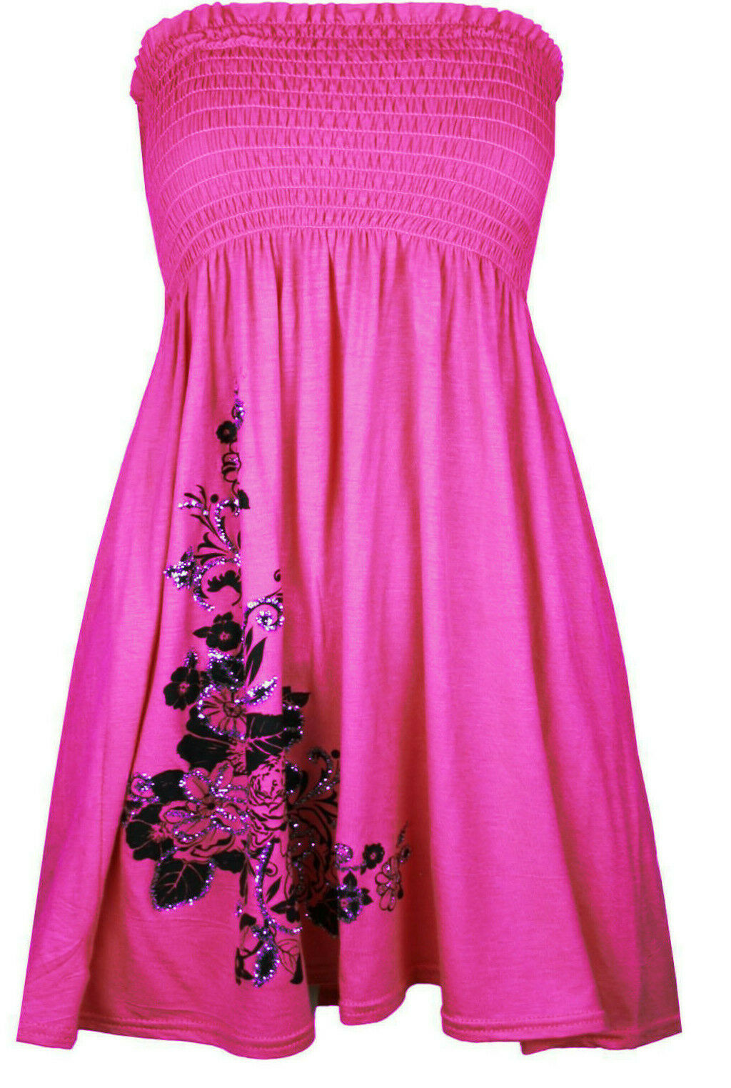 Ladies Fuchsia & Black Flower Boob Tube Short Style Dress.