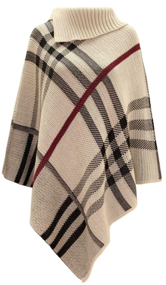 Ladies Tan Tartan Polo Neck Poncho. One Size.