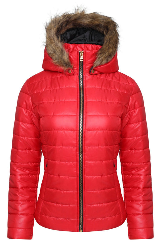 Ladies Red Wet Look Short Length Coat. It Has A Detachable Fur Hood 2 Front Zip Pockets And Is a Zip Up Coat. Available In Sizes 8-14.